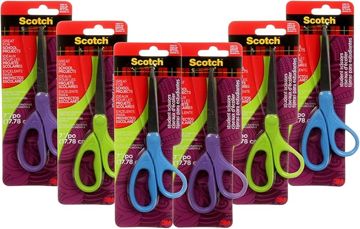 Scotch 7-Inch Student Scissors, Blue, Green, and Purple, Colors Vary, 6-Pack