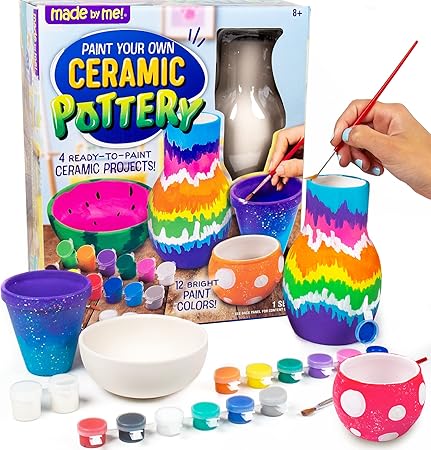 Made By Me Paint Your Own Ceramic Pottery, Fun Ceramic Painting Kit for Kids, Paint Your Own Ceramic Pottery Dish, Flower Pot, Vase & Bowl, Great Staycation Activity for Kids Ages 6, 7, 8, 9, Multi