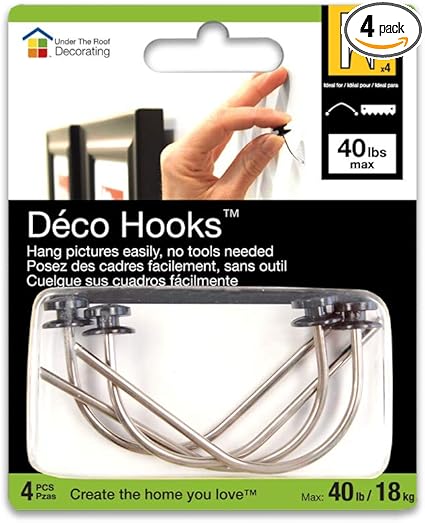 UTR Decorating | DecoHooks | Large Head | 40 lb | 4 pc Sampler Pack | Picture Hanging Hooks | No Tool Installation,Silver