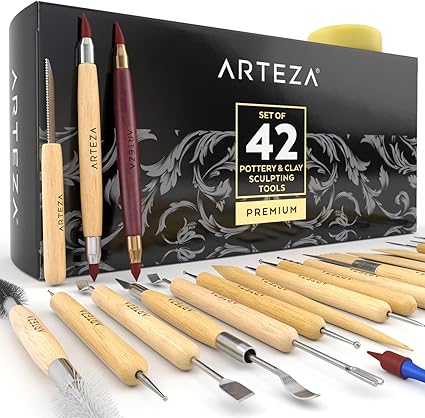 ARTEZA Pottery & Polymer Clay Tools, 42-Piece Sculpting Set, Steel Tip Pottery Tools with Wooden Handles, Craft Kit for Pottery Modeling, Carving