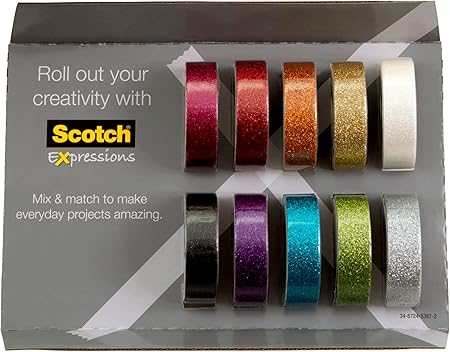 Scotch Glitter Washi Tape, 10 Rolls, Great for Use in Bullet Journal, School Supplies, Craft Supplies, and Teacher Appreciation Gifts (C517-10-SIOC)