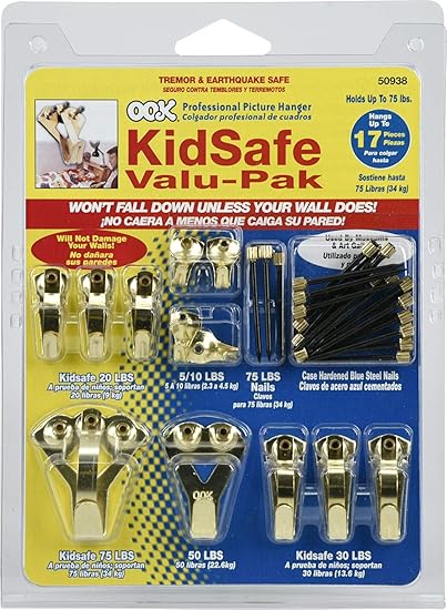 OOK 535862 Picture Hangers, Art Hangers, Kid Safe, Brass, Reusable Picture Hooks, 10-75lb (Value Pack)