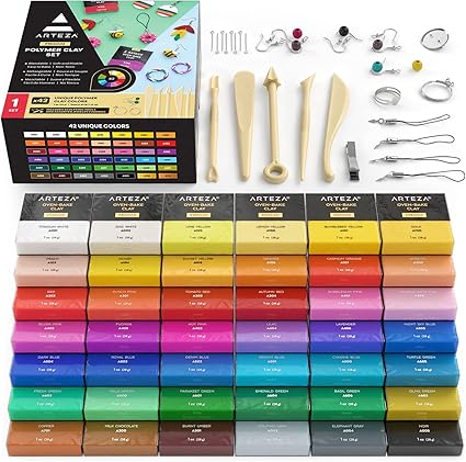 Arteza Polymer Clay Kit, Modeling Clay Oven Bake for Adults and Teens with 5 Sculpting Tools, 42 Colors, Made for Clay Earrings, Jewelry Making and Crafts