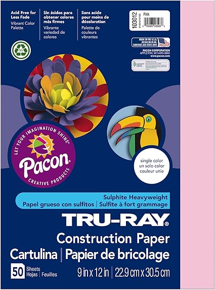 Pacon 103012 Tru-Ray Construction Paper, 76 lbs., 9 x 12, Pink, 50 Sheets/Pack