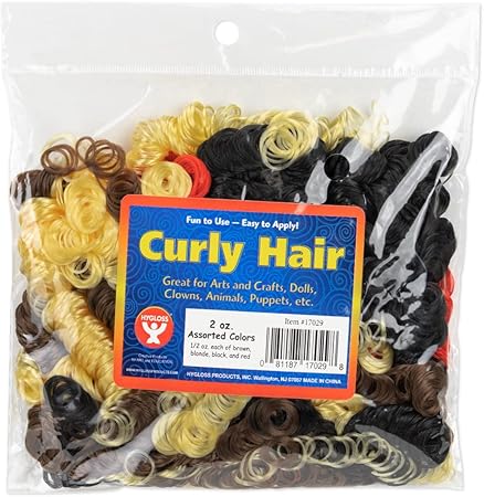 Hygloss 2-Ounces Assorted Fake Curly Hair - Great for Doll Making Supplies, Dolls Hair and All Types of Arts and Crafts - Easy to Apply – 4 Colors - Brown, Blonde, Red, Black, 1/2 oz. Each