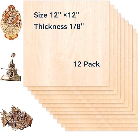 12 Pack Basswood Sheets for Crafts-12 x 12 x 1/8 Inch- 3mm Thick Plywood Sheets with Smooth Surface-Unfinished Craft Wood Boards for Engraving and Cutting, Architectural Models, Staining