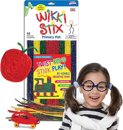 WIKKI STIX Arts & Crafts for Kids Primary Park of 48 Reusable Waxed Yarn Strands; Perfect Teaching Tool and Fidget Toy; Made in USA.