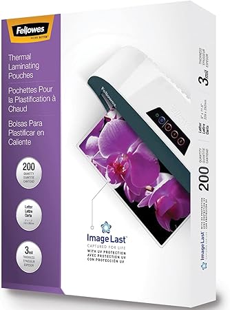 Fellowes Thermal Laminating Pouches, ImageLast, Jam Free Letter Size, 3 Mil, 200 Pack (5244101)