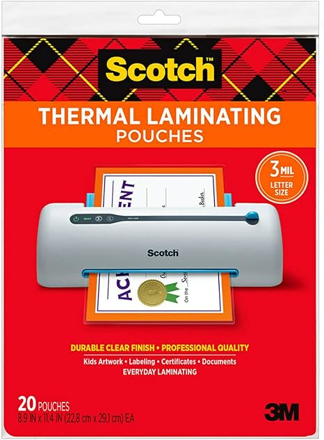 Scotch Thermal Laminating Pouches, 8.9 x 11.4-Inches, 3 mil thick, 20-Pack (TP3854-20),Clear