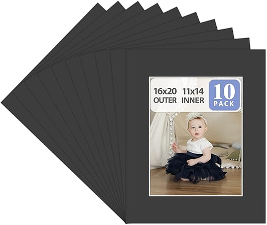 Golden State Art, Pack of 10 16x20 Black Picture Mats with White Core Bevel Cut for 11x14 Pictures