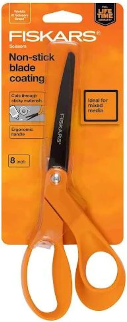 Fiskars Non-Stick Bent Handle Right Handed Pointed Scissors, 8 Inches, Orange