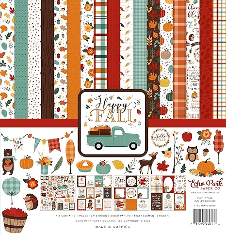 Echo Park Paper Company Happy Fall Collection Kit, Orange, red, Teal, Brown, Yellow, 12-x-12-Inch