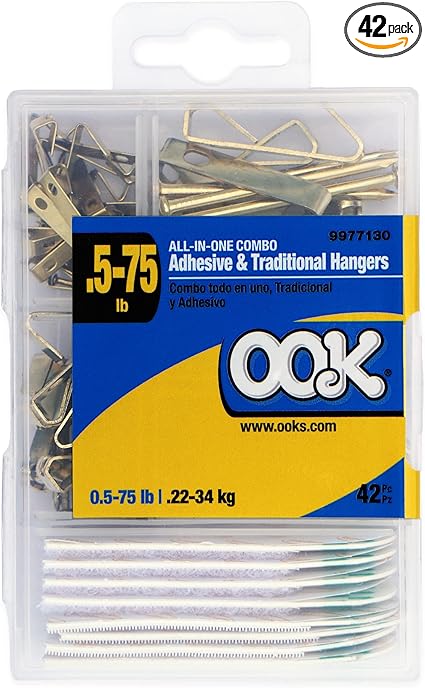 OOK Adhesive Picture Hangers, Traditional Picture Hanger Kit, Brass Picture Hooks (.5-75lb), 42 Pieces, 9977130