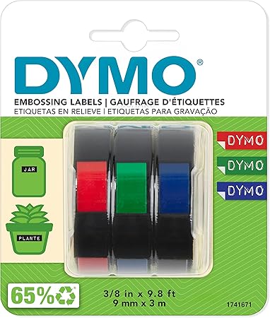 DYMO Self-Adhesive Embossing Labels, 3/8-Inch x 9.8-Foot Roll, Assorted Colors, 3 Pack