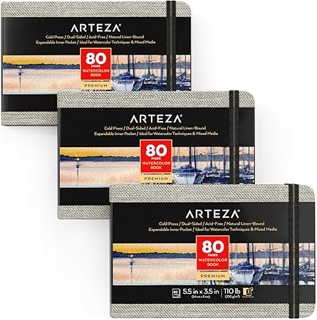 ARTEZA Watercolor Book, Pack of 3, 80 Pages Each, 3.5x5.5 Inch Watercolor Notebook, 110lb/230gsm Water Color Paper