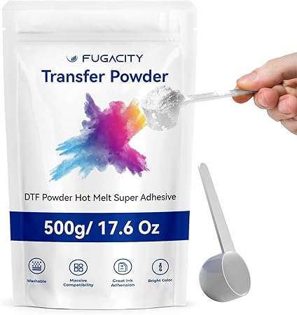 FugaCity DTF Powder Sublimation White Digital Transfer Hot Melt Adhesive- 17.6 OZ/ 500g DTF PreTreat Transfer Powder for Black or Dark Colored Garments, Suitable for All DTF DTG Printers