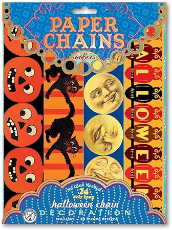 eeBoo: Halloween Paper Chain - 120 Links, Paper Chain When Completed is 24 Feet Long, Four Different Patterned Links to Mix and Match, No Glue Needed for Assembly