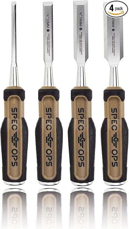 Spec Ops Tools Wood Chisel Set with High-Carbon Steel Blades, Shock-Absorbing Grip, 4-Piece, 3% Donated to Veterans