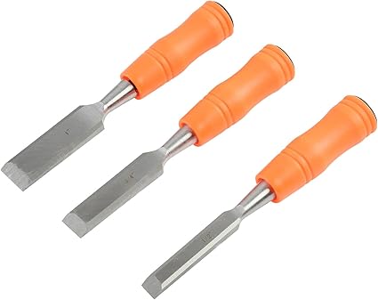 Buck Brothers 120203K 3-Piece Wood Chisel Set With Acetate Handles | 1/2 Inch, 3/4 Inch, 1 Inch Chisels Included | Carve, Cut, and Shape Wood, Install Windows and Doors | Carpentry Tools,Orange