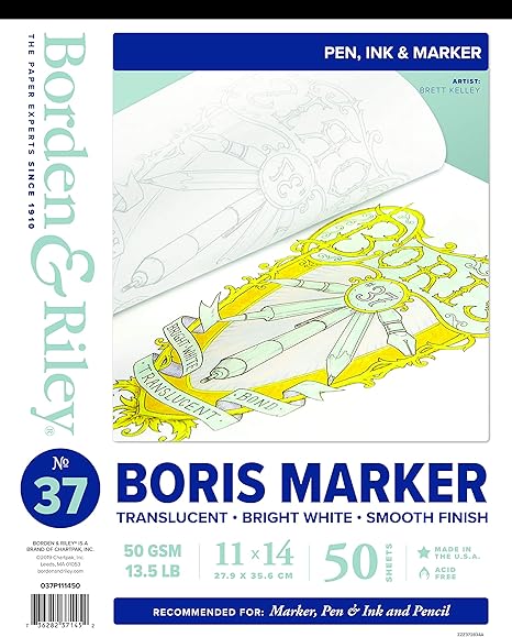 Borden & Riley #37 Boris Marker Layout Bright White Translucent Bond Pad, 11 x 14 Inches, 13.5 lb, 50 White Sheets, 1 Pad Each (037P111450)