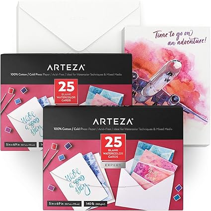 ARTEZA Blank Watercolor Cards with Envelopes, Set of 50, 5x6.9 Inches, 140 lb Watercolor Postcards, 100% Cotton Note Cards