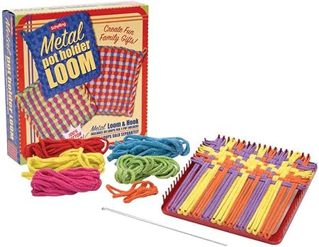 Schylling Metal Pot Holder Loom Kit - Classic Durable Weaving Frame to Make Pot Holders - Includes Loom, Hook, Instructions, and 80 Colorful Cotton Loops - Ages 5 and Up