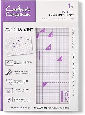 Toughened Glass Cutting Mat (13” x 19”) - Easy Clean Smooth Surface For Gluing & Inking - Multi-functional Crafting Capabilities - Includes Popular Card Sizes for Easy Measures by Crafter’s Companion