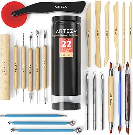 ARTEZA Pottery & Polymer Clay Tools, 22-Piece Sculpting Set, Steel Tip Pottery Tools with Wooden Handles, Craft Kit for Pottery Modeling, Carving