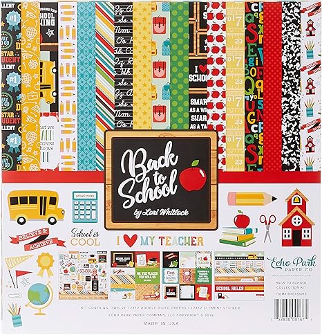 Echo Park Paper Company Back to School Collection Kit paper, 2-x-2, Blue/Black/Red/Green/Yellow, 12-x-12