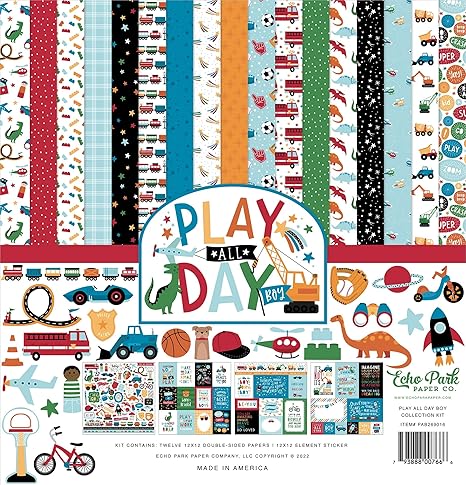 Echo Park Paper Company Play All Day Boy Collection Kit, White, 12-x-12-Inch