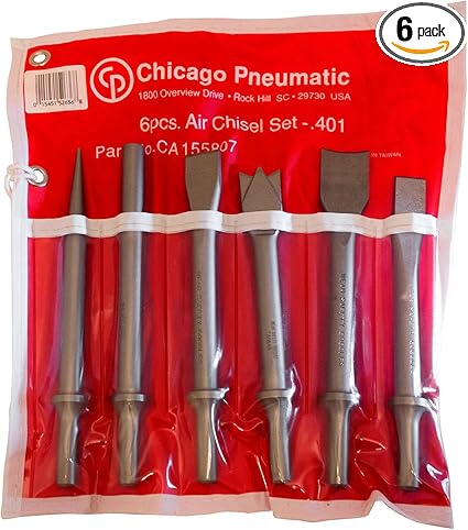 Chicago Pneumatic CA155807 - Chisel Kit - Rivet Cutter, Twin Blade Cutter, Cold Chisel, Straight Punch, Tapered Punch & Spot Weld Splitter - 0.401 Inch (10.2 mm) Round Shank (6 PCS)