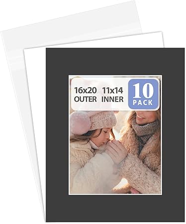 Golden State Art, Pack of 10 16x20 Black Picture Mats Mattes with White Core Bevel Cut for 11x14 Photo + Backing + Bags