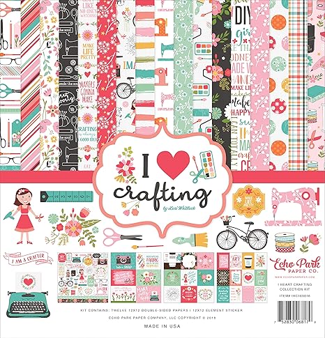 Echo Park Paper Company I Heart Crafting Collection Kit paper, teal, pink, coral, brown, woodgrain, green, yellow, 12-x-12-Inch