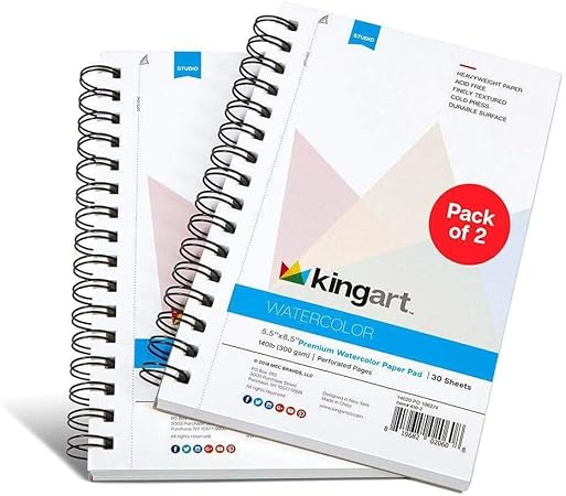 KINGART 610-2 WATERCOLOR PAPER Pads, 5.5 x 8.5 Inches, Cold Press, 30-Sheets, 140 lb. Micro-Perforated with Side Spiral, Pack of 2