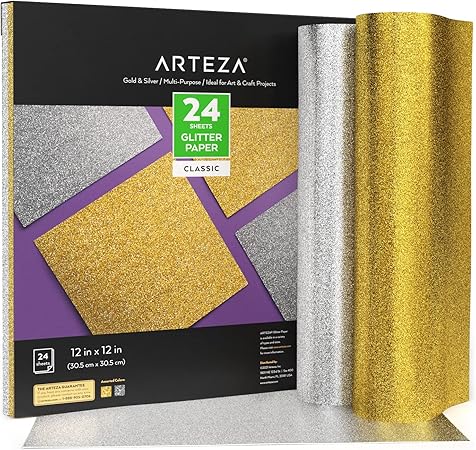 Arteza Glitter Paper, 24 Sheets, 12 x 12 Inches, Gold and Silver Scrapbook Paper, Arts and Crafts Supplies for Holiday Decor, Decoupage, and DIY Projects