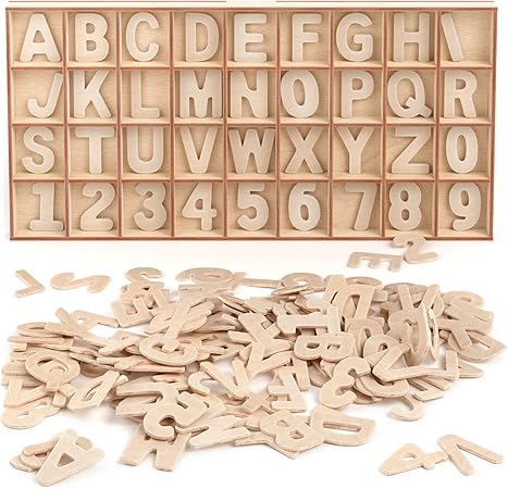 ARTEZA Wooden Letters and Numbers, 144 Unfinished Wood Pieces, 104 Letters, 40 Numbers, Poplar Plywood for Art Projects and DIY Gifts