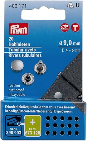 Prym, 9 mm, 20 pcs Tubular Rivets, Silver Count