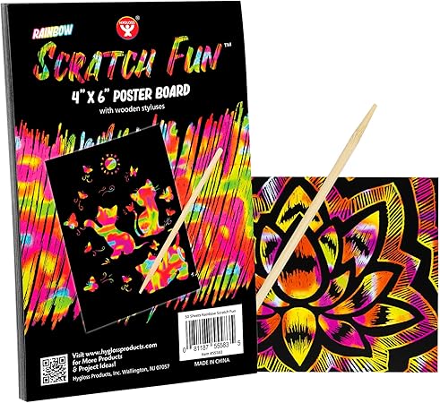 Hygloss Products Scratch Fun - Magic Drawing Art - Black Matte Paper - Great for Arts and Crafts - DIY Project - Kit Includes 100 Rainbow Papers, 4 x 6 Inches and 20 Wooden Stylus Sticks