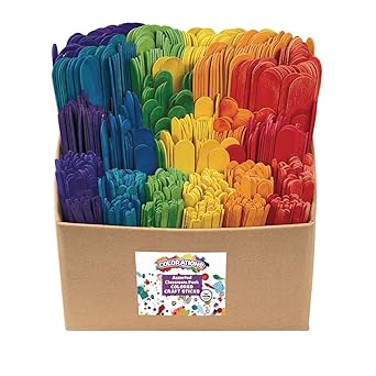 Colorations Assorted Sizes Colored Wood Craft Sticks Tongue Depressors, Popsicle Sticks, 6 Color, 1200 Piece Classroom Pack, , , 1mm Thick, Jumbo, Large, Regular, and Mini