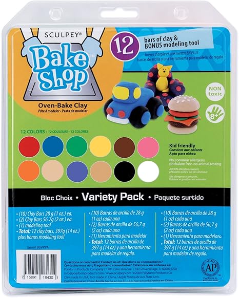 Sculpey Bake Shop Polymer Oven Bake Clay, 12 unique color set for kids, one clay modeling tool to add details to projects, made for creating holiday, DIY projects, jewelry and school projects.