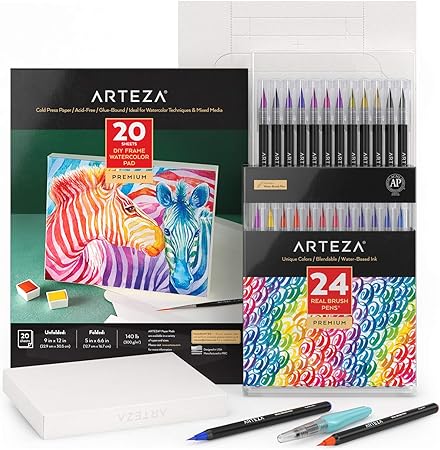 Arteza Watercolor Painting Art Set, Real Brush Pens 24 and Foldable Canvas Paper Bundle, DIY Kit Art Supplies for Artists & Hobby Painters