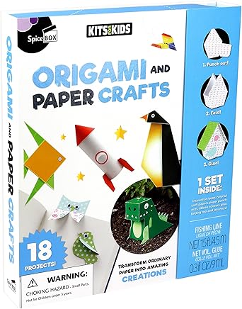 SpiceBox 3D Japanese Origami Paper Kit for Kids Easy Arts and Crafts with Instruction Book, Children's Activity Set, 18 Paper Craft Projects