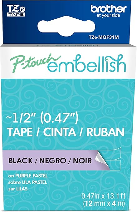 Brother P-Touch Embellish Black Print on Pastel Purple Tape TZEMQF31M – ~½” Wide x 13.1’ Long for use with P-Touch Embellish Ribbon & Tape Printer