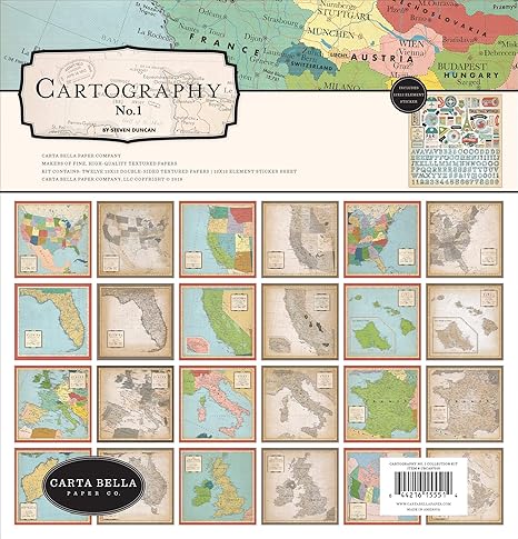 Carta Bella Paper Company Cartography No. 1 Collection Kit paper, red, blue, tan, sepia, yellow , 12-x-12-Inch