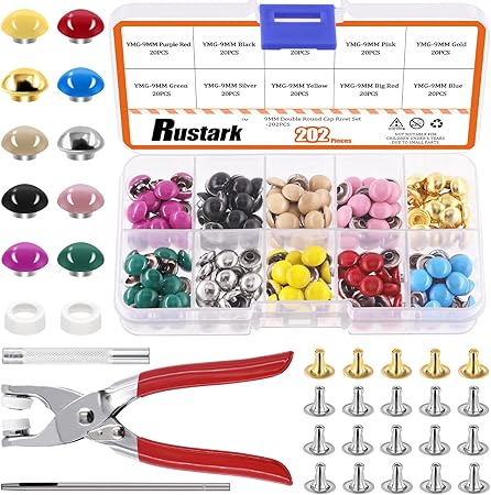 Rustark 200 Sets 9mm Double Round Cap Leather Rivets with 5Pcs Fixing Tools Kit, 10 Colors Double Cap Rivet Round Metal Studs for DIY Leather Craft Decorations