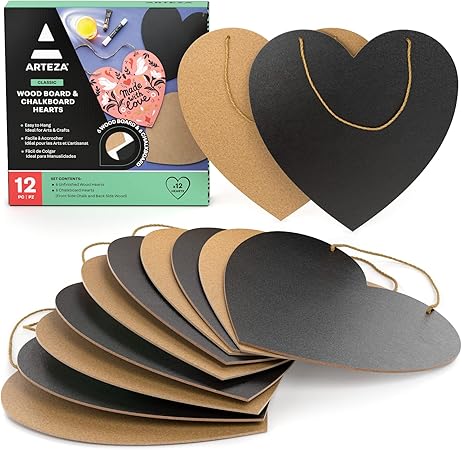 ARTEZA Chalkboard and Wooden Hearts, Set of 12, 11.6 x 11.8-Inch MDF Hearts and 11.6 x 11.4-Inch Chalkboard Hearts, Unfinished Wood Signs for DIY