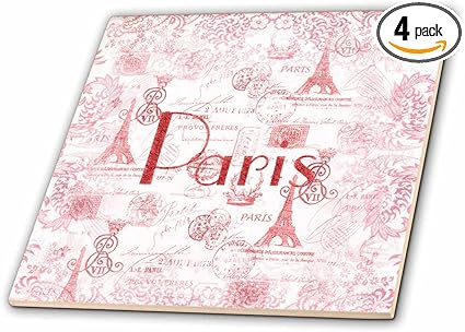 3D Rose Image of Word Paris On French Pink and Red Background Ceramic Tile, Multicolor