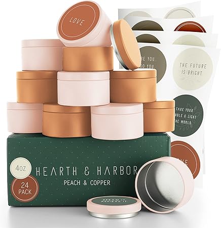 Hearth & Harbor Tin Candle Jars for Making Candles - DIY Candle Containers with Lids - Metal Candle Jars - Bulk Tins Storage for Candle - (24 Pieces) - (4 Ounces) - Solid Peach and Copper