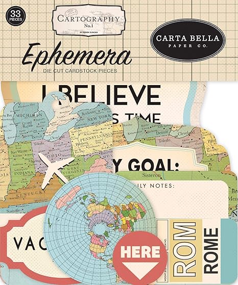 Carta Bella Paper Company Cartography No. 1 ephemera, red, blue, tan, sepia, yellow