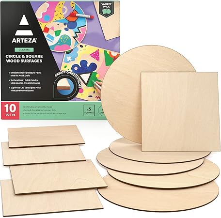 ARTEZA MDF Wood Slices, Set of 10, 5 x 11.8-Inch Circles and 5 x 9.05-Inch Squares, Unfinished Wooden Pieces for DIY Craft and Art Projects